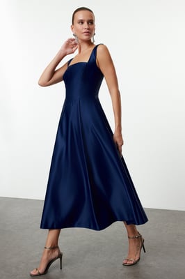 Damen marineblaues gerades Midi-Cocktailkleid mit hängender Silhouette