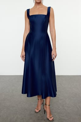 Damen marineblaues gerades Midi-Cocktailkleid mit hängender Silhouette
