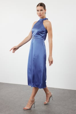 Damen Blau Unifarben Midi Ärmelloses Figurbetontes Abschluss- / Ballkleid