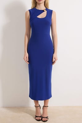 Damen marineblaues flaches ärmelloses Midi-Kleid für Tag und Nacht