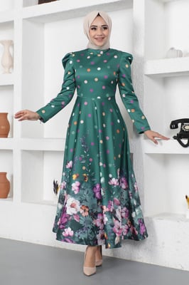 Blumen Gepunktet Satin Abendkleid Smaragdgrün