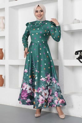 Blumen Gepunktet Satin Abendkleid Smaragdgrün