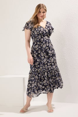 Curve Damen Marineblaues, geblümtes Midi-Cocktailkleid, ärmellos, tailliert, Übergröße
