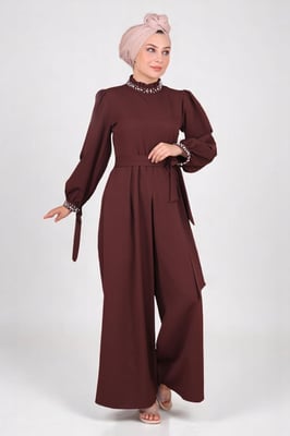 Perlen Detailed Jumpsuit-Kleid Braun