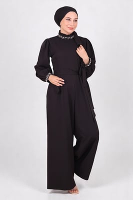 Perlen Detailed Jumpsuit-Kleid Schwarz