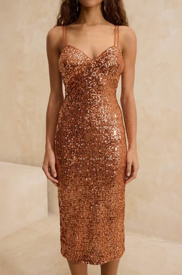 Braunes, flaches, ärmelloses, schickes/figurbetontes Midi-Kleid für Damen