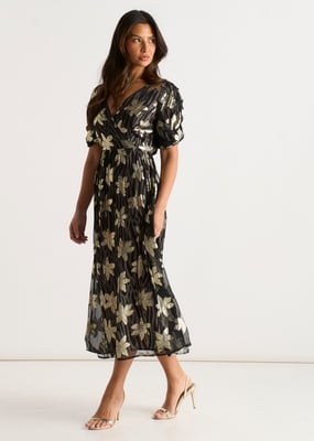 Schwarzes Wickelkleid mit Blumenmuster und Lurex-Akzenten
