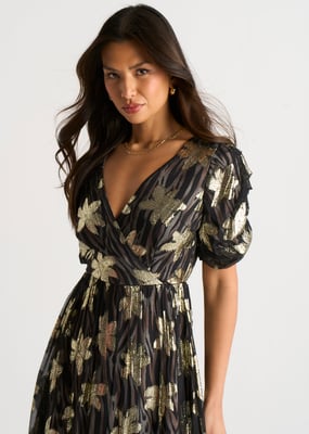 Schwarzes Wickelkleid mit Blumenmuster und Lurex-Akzenten