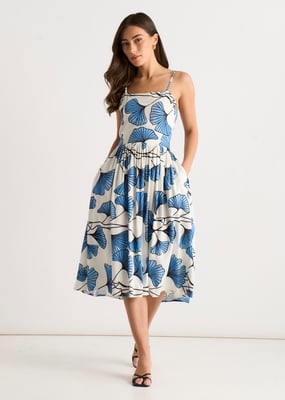 Blaues Cami-Kleid aus Leinenmischung mit Blumenmuster