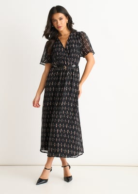 Schwarzes Midikleid aus Seide mit geometrischem Muster