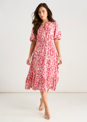 Midi-Kleid mit rotem Paisley-Muster und elastischem Bund