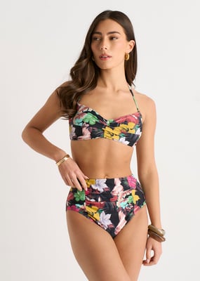 Bikini-Höschen mit gerafftem Einsatz und tropischem Blumenmuster