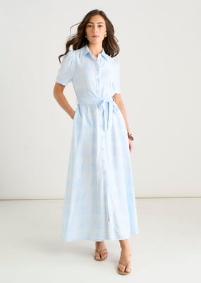 Maxikleid aus Baumwollmischung mit blauem Fliesenmuster und durchgehender Knopfleiste
