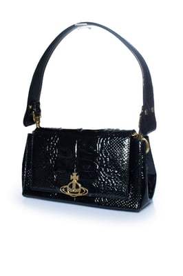 Vivienne Westwood, schwarze Tasche mit Krokodilprägung in Haselnussbraun