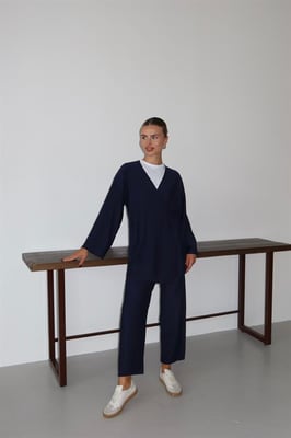 Knitterlook Textured Kimono Anzug Marineblau