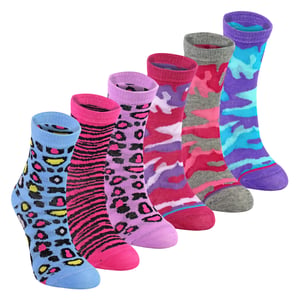 6er-Pack Mädchen Tiermuster Baumwollsocken | Bunte Camouflage-Muster-Socken