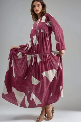 Bedrucktes Langarm-Viskose-Maxi-Kleid