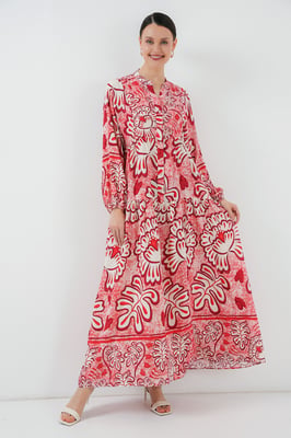 Bedrucktes V-Ausschnitt Maxikleid mit Knopfverschluss
