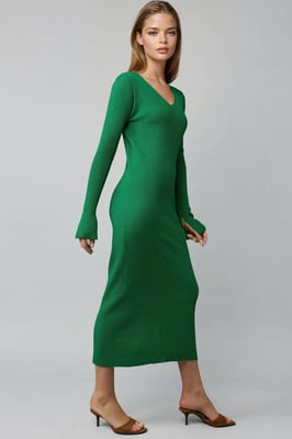 V-Ausschnitt Texturiertes Maxi-Strickkleid mit Schlitz