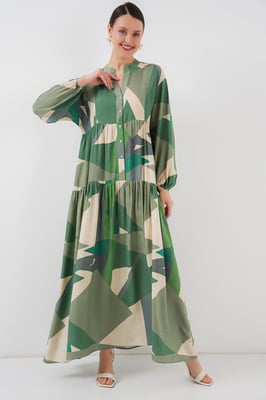 Gedrucktes V-Ausschnitt Maxikleid mit Knopfverschluss