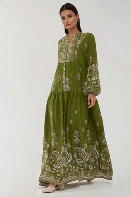 Gemustertes Langarm-Viskose-Maxikleid