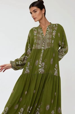 Gemustertes Langarm-Viskose-Maxikleid