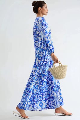 Bedrucktes V-Ausschnitt-Maxikleid mit langen Ärmeln