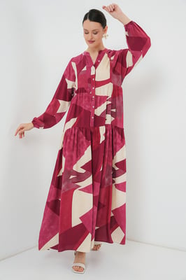 Gedrucktes V-Ausschnitt Maxikleid mit Knopfverschluss