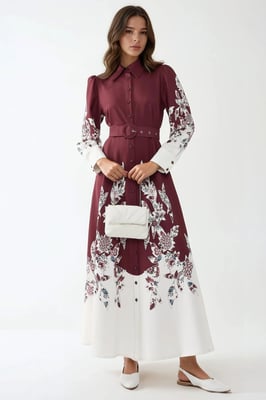 Bedrucktes Maxi-Kleid mit langen Ärmeln und Gürtel