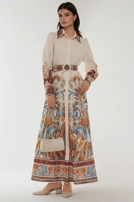 Bedrucktes Maxi-Kleid mit langem Arm und Gürtel