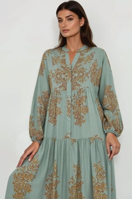 Bedrucktes Viscon Maxi-Kleid mit Hemdkragen