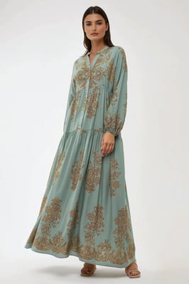 Bedrucktes Viscon Maxi-Kleid mit Hemdkragen