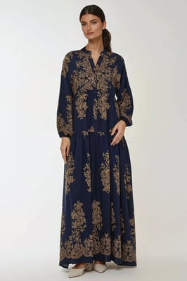 Bedrucktes Langarm-Viskose-Maxi-Kleid