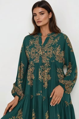 Bedrucktes Langarm-Viskose-Maxikleid