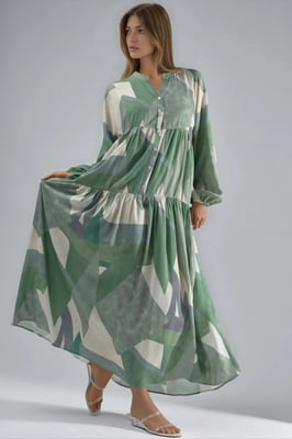 Bedrucktes Langarm-Viskose-Maxi-Kleid