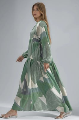 Bedrucktes Langarm-Viskose-Maxi-Kleid