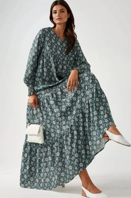 Bedrucktes Viskose-Maxi-Kleid mit Rundhalsausschnitt