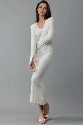 V-Ausschnitt Strukturierte Maxi-Strickkleid mit Schlitz