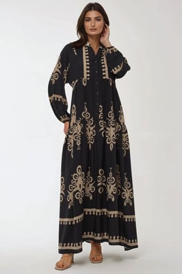 Bedrucktes Langarm-Viskose-Maxikleid