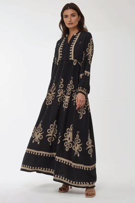 Bedrucktes Langarm-Viskose-Maxikleid