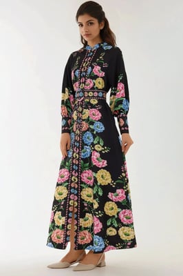 Bedrucktes Maxikleid mit langen Ärmeln und Gürtel