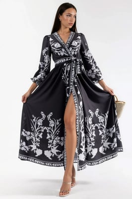 Blumen-Maxi-Kleid mit V-Ausschnitt und Bindungsdetail