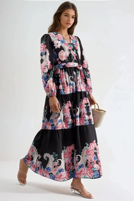 Blumen V-Ausschnitt Maxikleid mit Bindegürtel