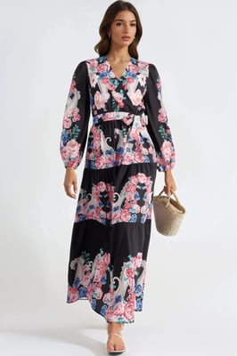 Blumen V-Ausschnitt Maxikleid mit Bindegürtel