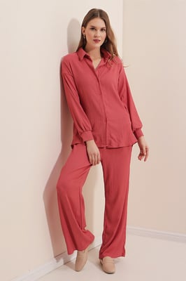 Texturiertes Langarm-Strickshirt & Hosen Strick-Koordinationsset