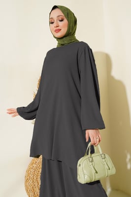 Texturierte Langarm-Tunika und weite Hose Set