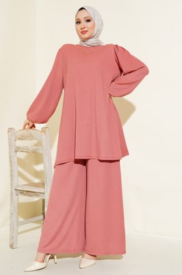 Texturierte Langarm-Tunika und weite Hose Set