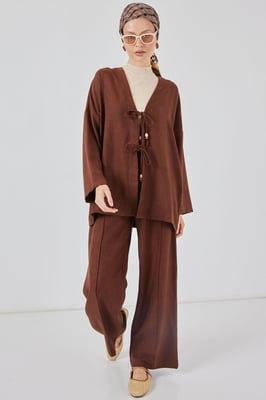 V-Ausschnitt Cardigan und weit geschnittene Hose Set