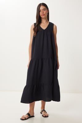Rüschen V-Ausschnitt Midi-Kleid