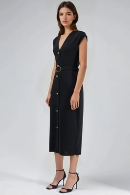 Gürtel-Midi-Kleid mit V-Ausschnitt